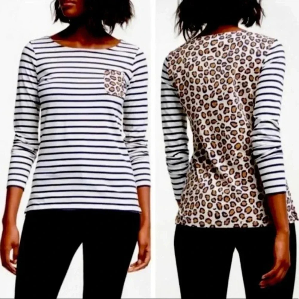 Boden Breton Stripe Leopard Print Pocket Long Sleeve Tee Size 2 - Picture 2 of 10